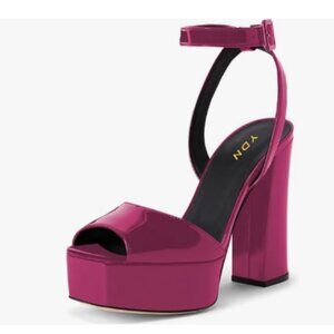 YDN Hot Pink Ankle Strap Studded Platform Chunky High Heels Square Toe Sandals